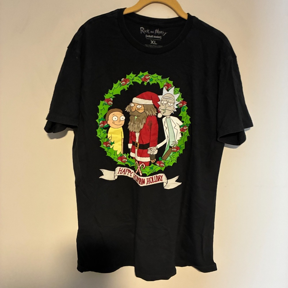 Rick and Morty Happy Human Holiday Christmas T-Shirt Mens XL Adult Swim Black